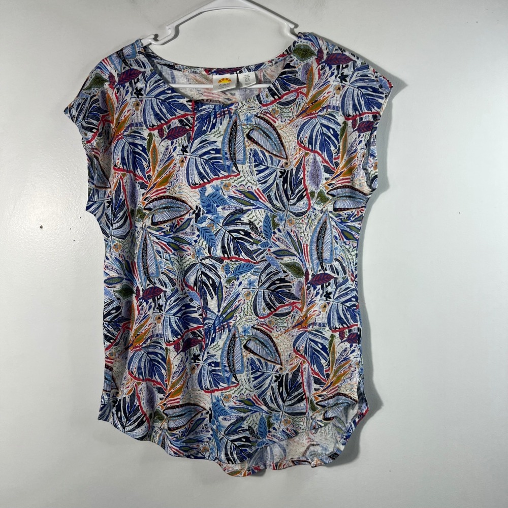 Womens C & C Tropical Linen Cap Sleeve Tee Shirt Leaves M Blue Red White